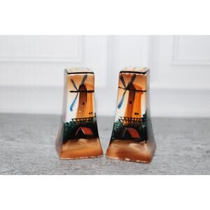 Vintage Japanese Luster Porcelain Salt & Pepper Shakers Windmill Orange Pink